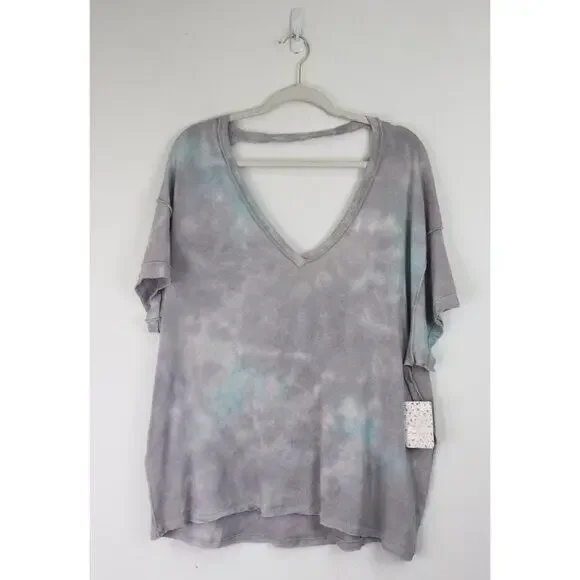 NWT Free People All Mine Tie Dye Tee Shirt Cotton V-Neck Grey Storm Medium - Picture 4 of 10